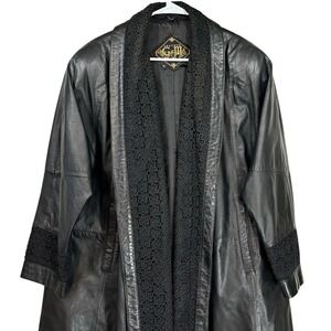 Vintage Floral Leather Coat MEDIUM Black Lace Trim Jacket Goth Grunge Whimsigoth